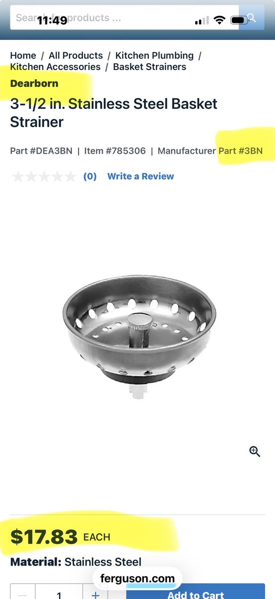 Dearborn 3BN EZ Mountain Stainless Sink Basket