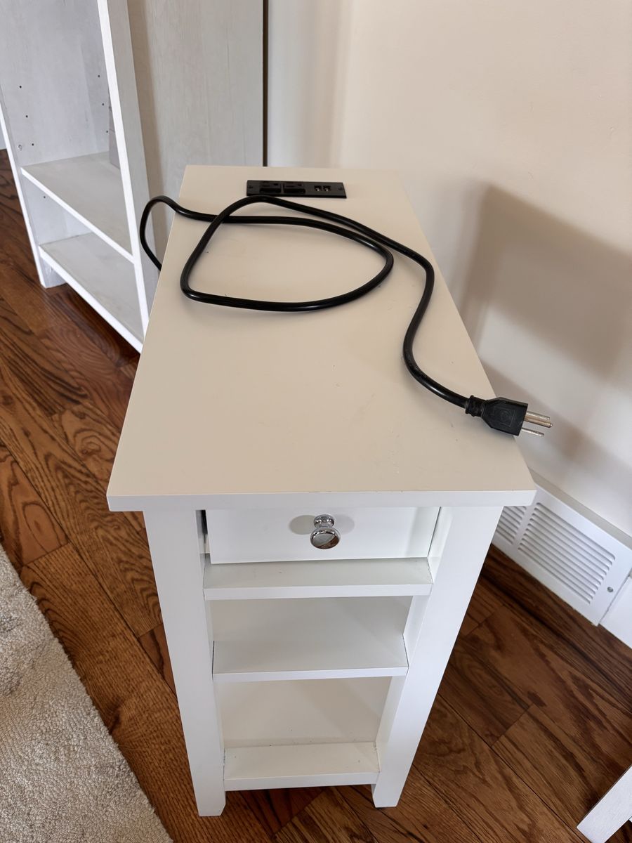 White Slim Side Table with Built-In Power Outlets and USB Ports