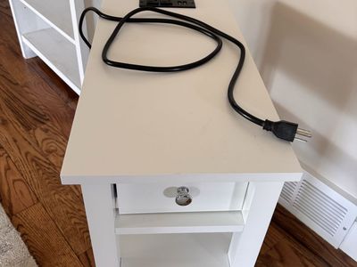 White Slim Side Table with Built-In Power Outlets and USB Ports