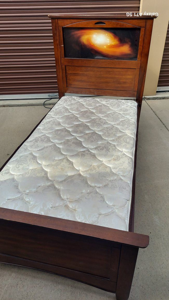 Wooden Twin Bed Frame with Galaxy Graphic Headboard and Mattress