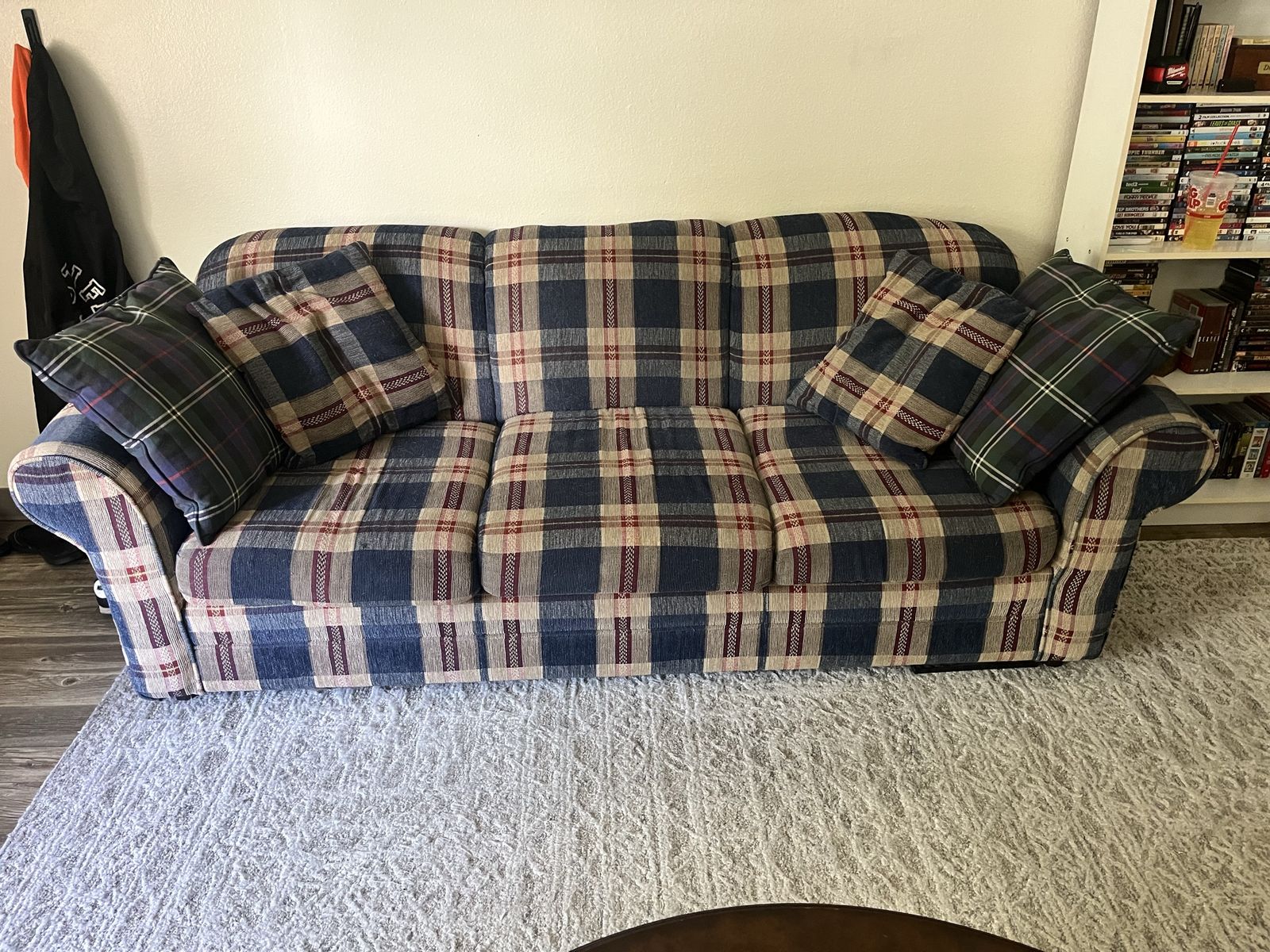 Plaid Sofa with Throw Pillows - Blue, Green, & Tan Plaid