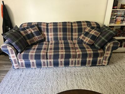 Plaid Sofa with Throw Pillows - Blue, Green, & Tan Plaid