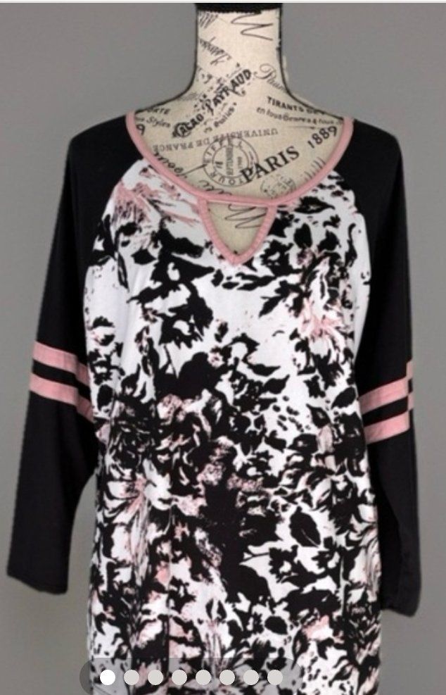 Black Floral Long-Sleeve Top with Pink Accents