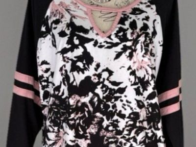 Black Floral Long-Sleeve Top with Pink Accents