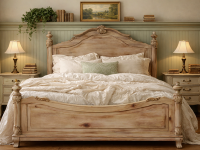 Nightingale Weathered King Bed Frame Cottagecore French Country Farmhouse Victorian Western