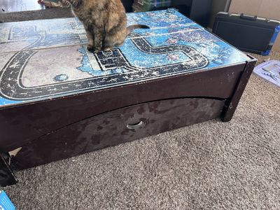 sturdy train table with full drawer.