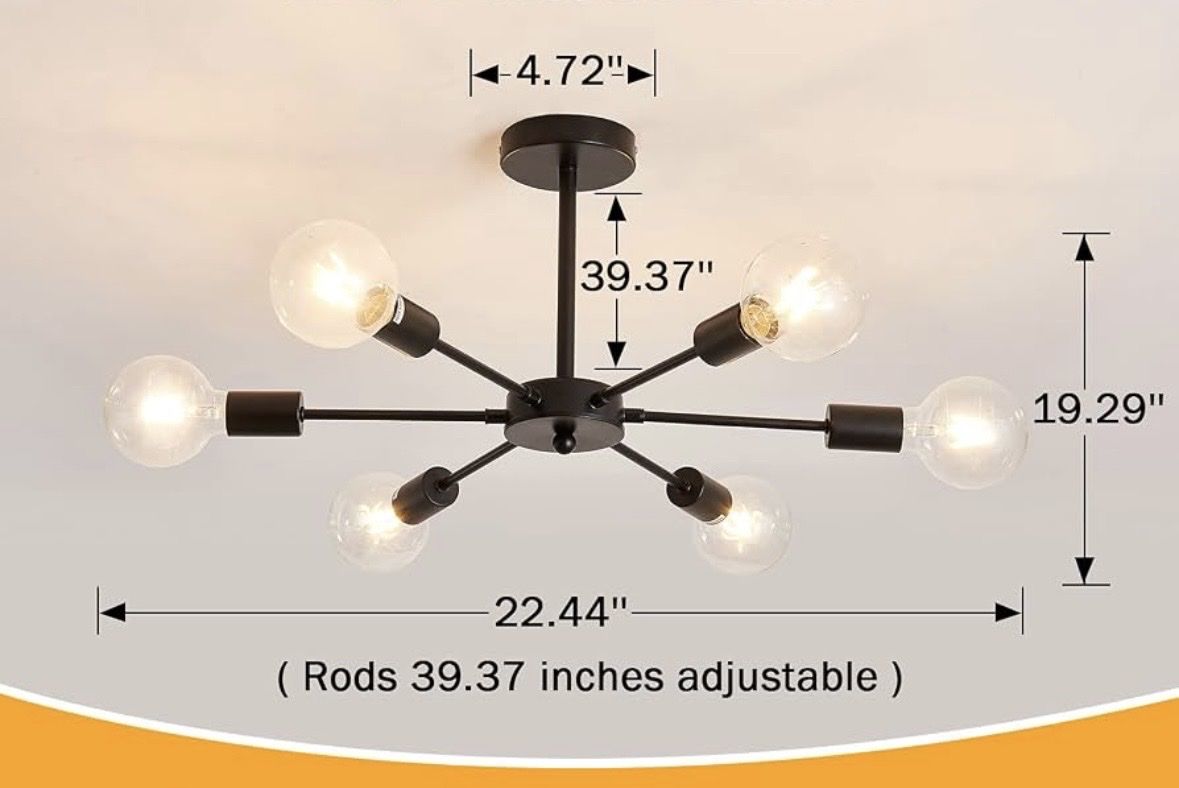Modern Black 6-Light Sputnik Chandelier, Adjustable Rods, 22.44" Wide