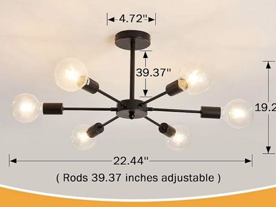 Modern Black 6-Light Sputnik Chandelier, Adjustable Rods, 22.44" Wide