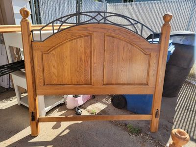 Solid Oak Wooden Bed Frame with Metal Arch Accent - Headboard & Footboard