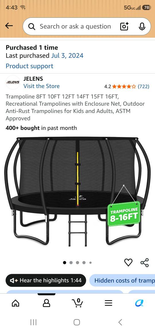 JELENS Outdoor Recreational Trampoline with Enclosure Net - Anti-Rust, ASTM Approved, 8-16FT