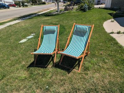 Pair of Wooden Vintage Beach sling chairs - Outdoor Deck Chairs