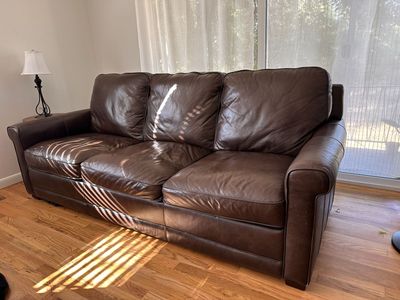 Spacious Brown Leather Sofa - Comfortable 3-Seater Couch, leather chair w/ ottoman