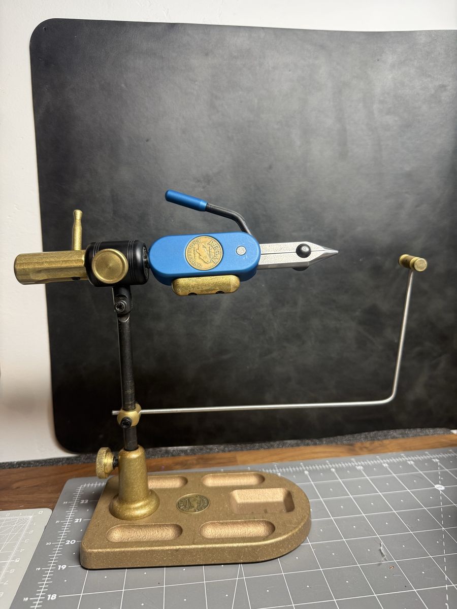 Regal Revolution -  Stainless Steele Jaws — Fly Tying Vise with Bronze Pedestal Base and Material Cradle Attachment