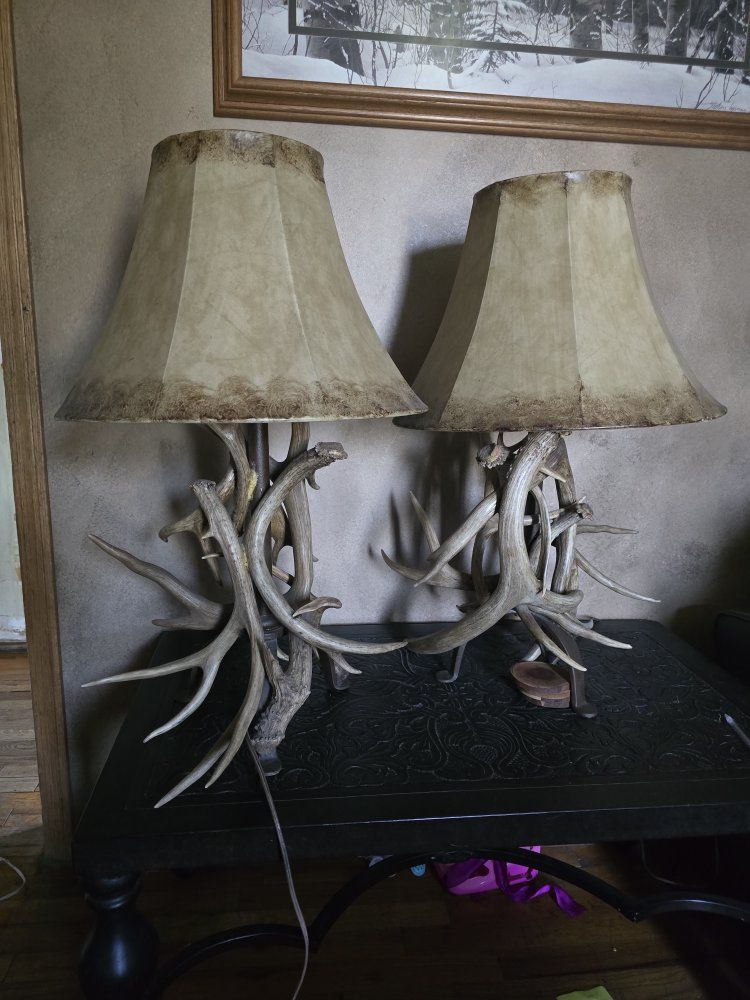 Rustic Antler Table Lamps (Pair) with Distressed Shades