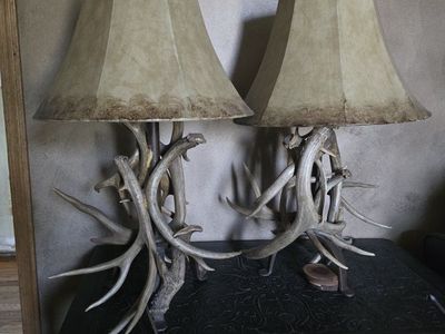 Rustic Antler Table Lamps (Pair) with Distressed Shades