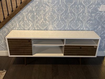 Modern White & Brown Media Console with Slatted Doors - Sleek TV Stand/Storage Unit