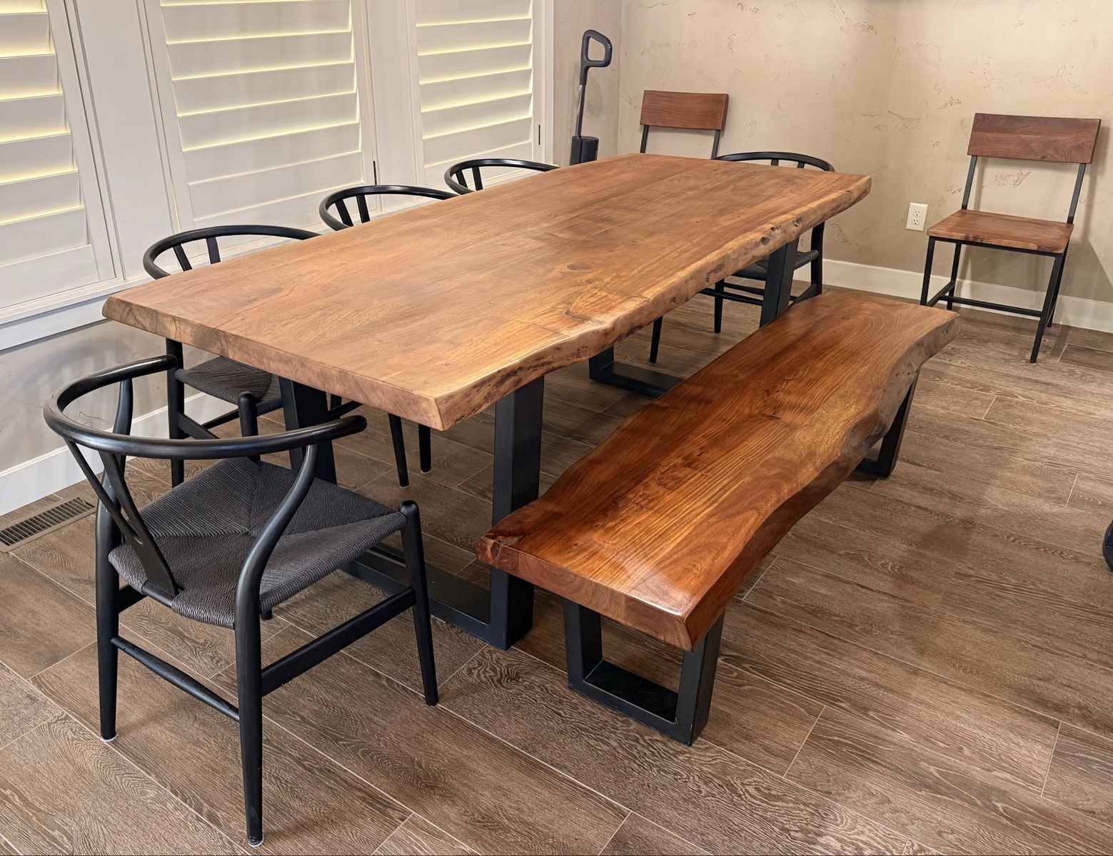 Live Edge Solid Wood Dining Table, Bench, and Chair Set