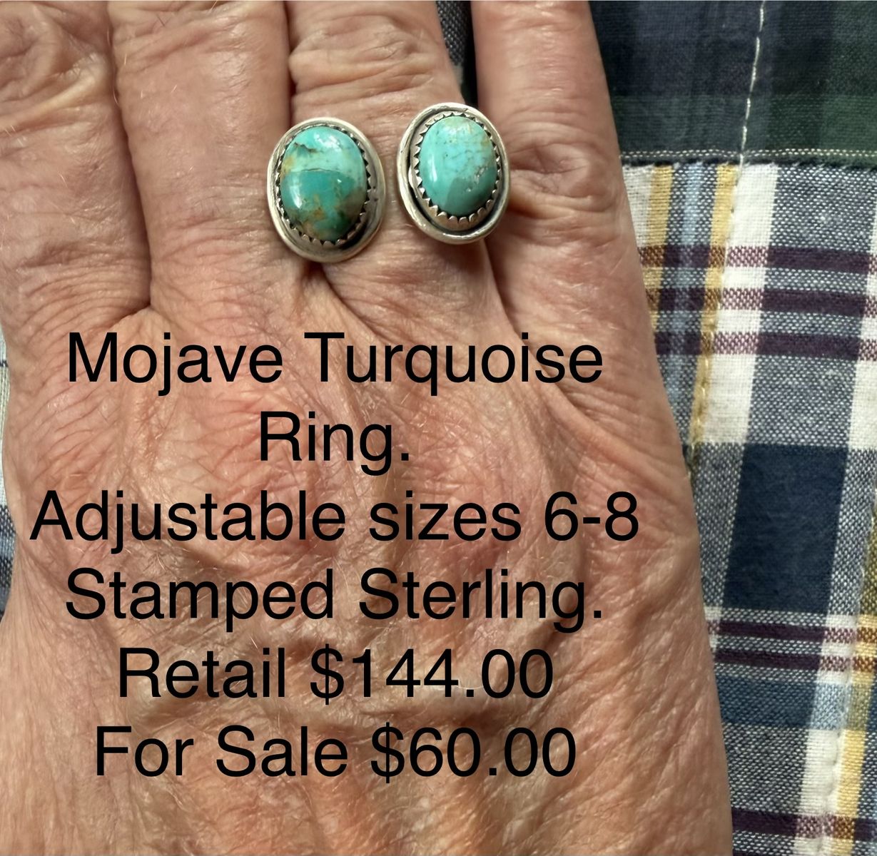 Mojave Turquoise Ring Stamped Sterling Adjustable Size 6-8