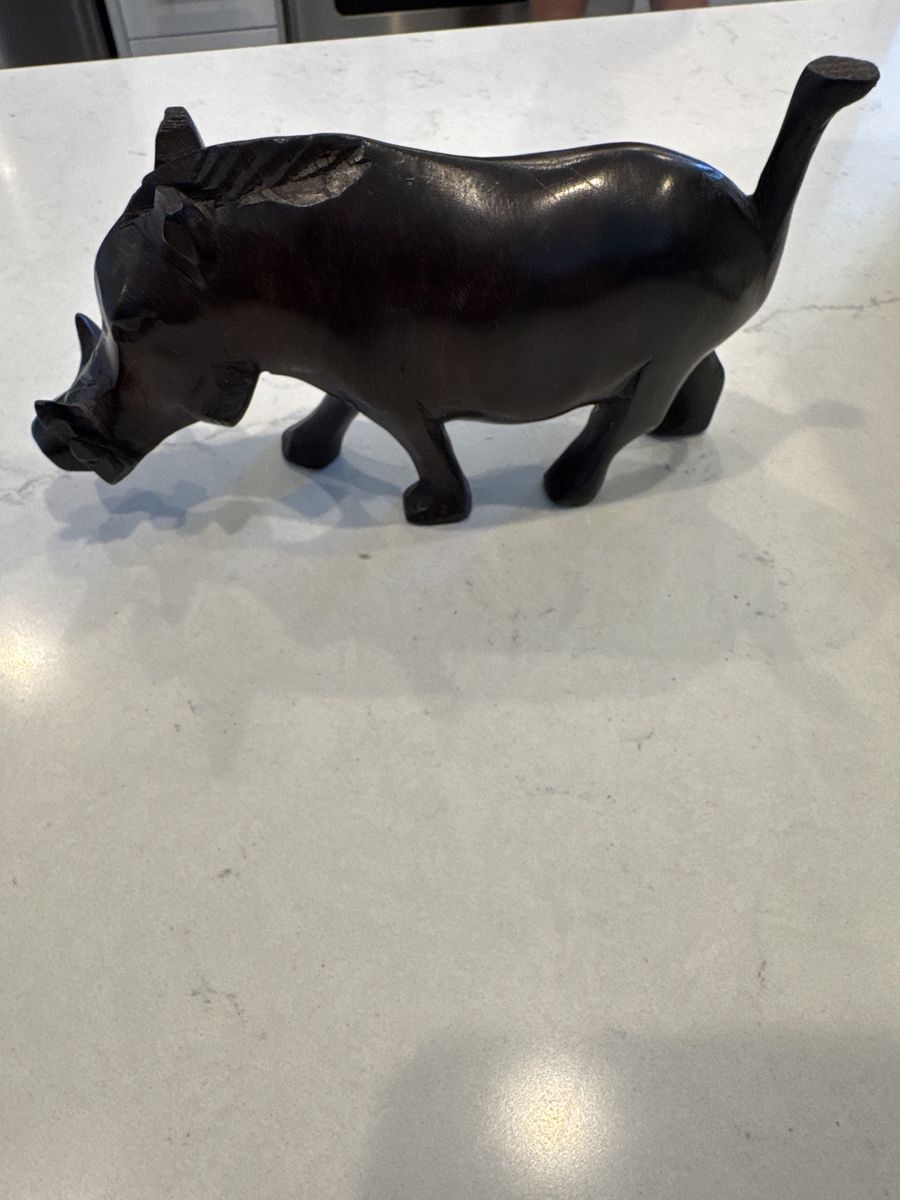 Hand-Carved Dark Wood Warthog Figurine Sculpture, African Art, Home Decor