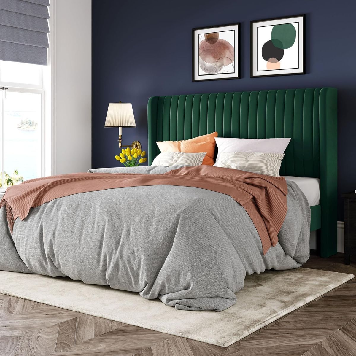 Queen Size Bed Frame Velvet Upholstered Platform Vertical Channel Tufted Wingback Headboard, wooden slats,Green