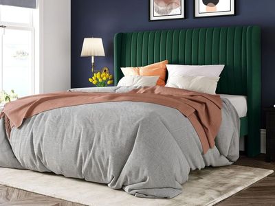 Queen Size Bed Frame Velvet Upholstered Platform Vertical Channel Tufted Wingback Headboard, wooden slats,Green