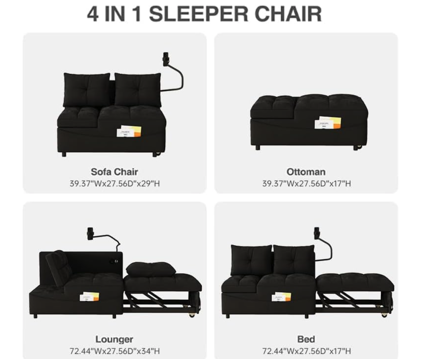 New in Box 4 in 1 Convertible Sofa Bed w/Adjustable Backrest & USB Port & Swivel Phone Stand & Side Pocket