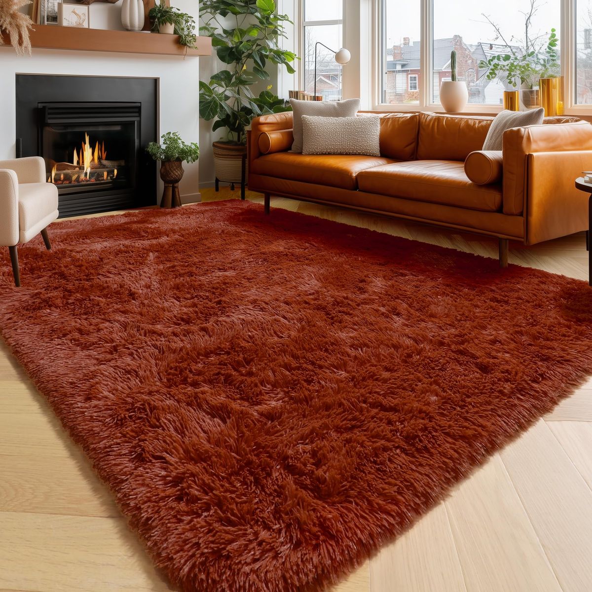 Luxurious Rust Red Shag Area Rug, Soft Fluffy Large Floor Carpet for Living Room/Bedroom