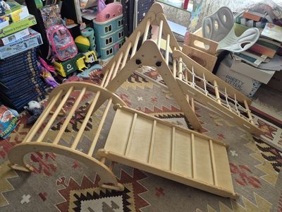 Montessori Pikler Triangle Set 4-in-1 Design Toddler Climbing Activity Gym Slide Rocker Wooden