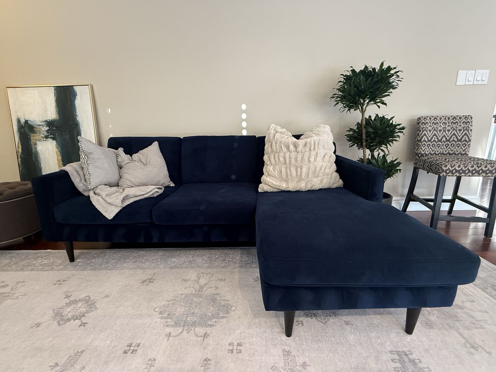 West Elm Navy Velvet Sectional with Chaise