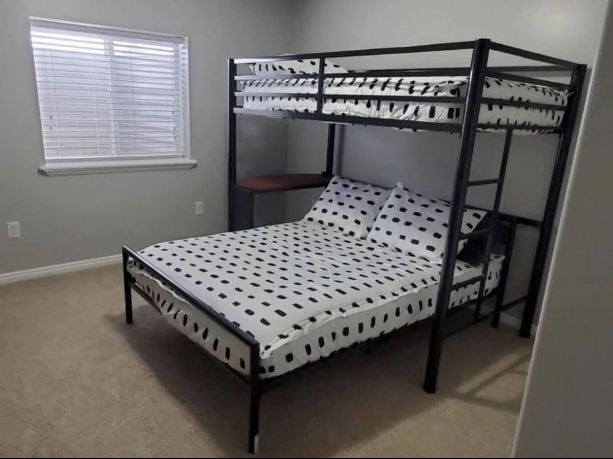 Twin Over Full Metal Bunk Bed with Desk + Both Mattresses Included