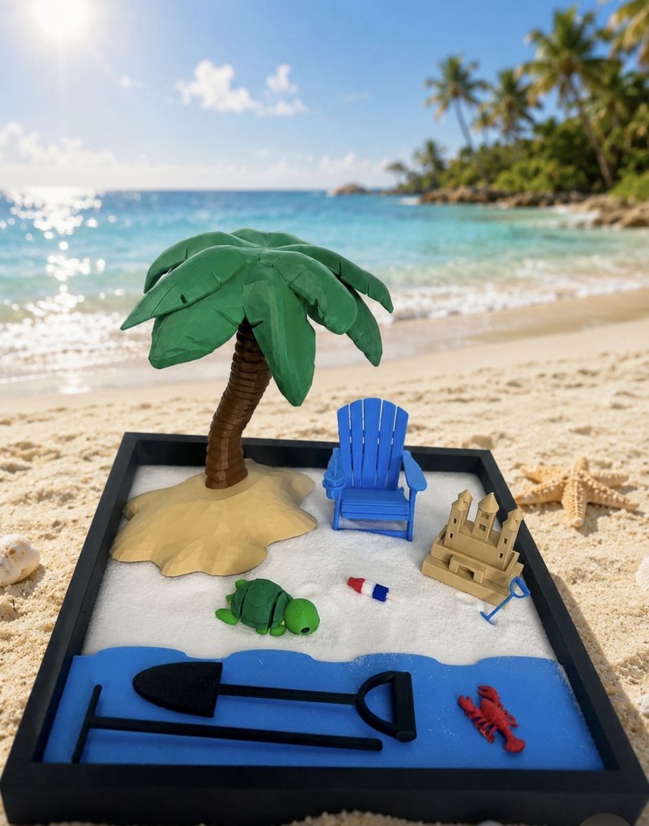 Zen Garden Beach Mini Sandbox Kit w/ Palm Tree, Chair, Sandcastle, Turtle & Rake/Shovel