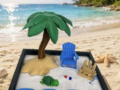 Zen Garden Beach Mini Sandbox Kit w/ Palm Tree, Chair, Sandcastle, Turtle & Rake/Shovel