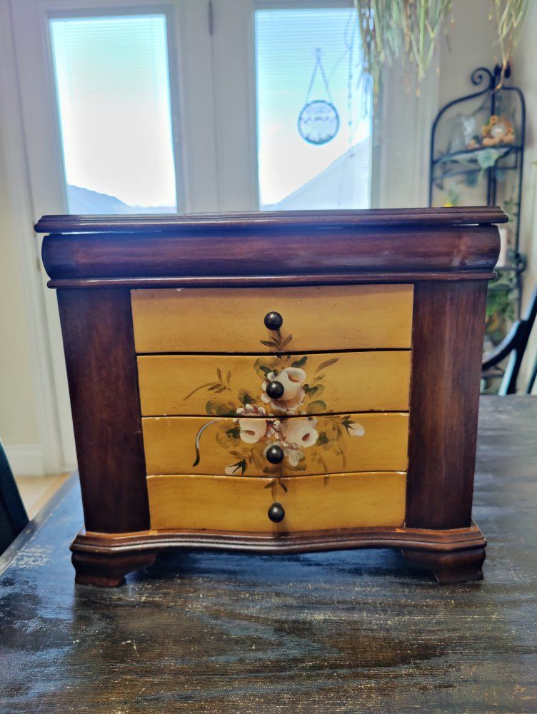 Antique Wood jewelry box chest with hand painted floral design