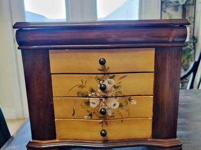 Antique Wood jewelry box chest with hand painted floral design