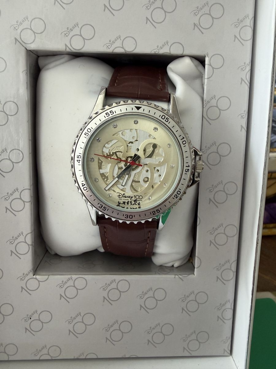 Disney 100th Anniversary Mickey Mouse Skeleton Dial Automatic Watch Brown Leather Band