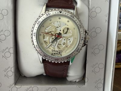 Disney 100th Anniversary Mickey Mouse Skeleton Dial Automatic Watch Brown Leather Band
