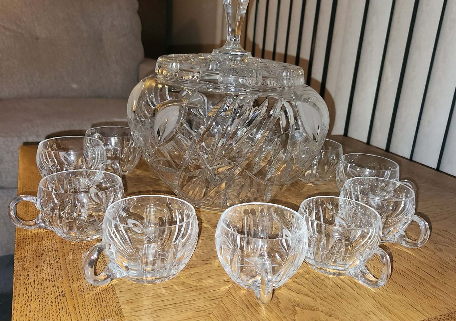 Vintage Cut Crystal Punch Bowl Set with Lid and 12 Cups