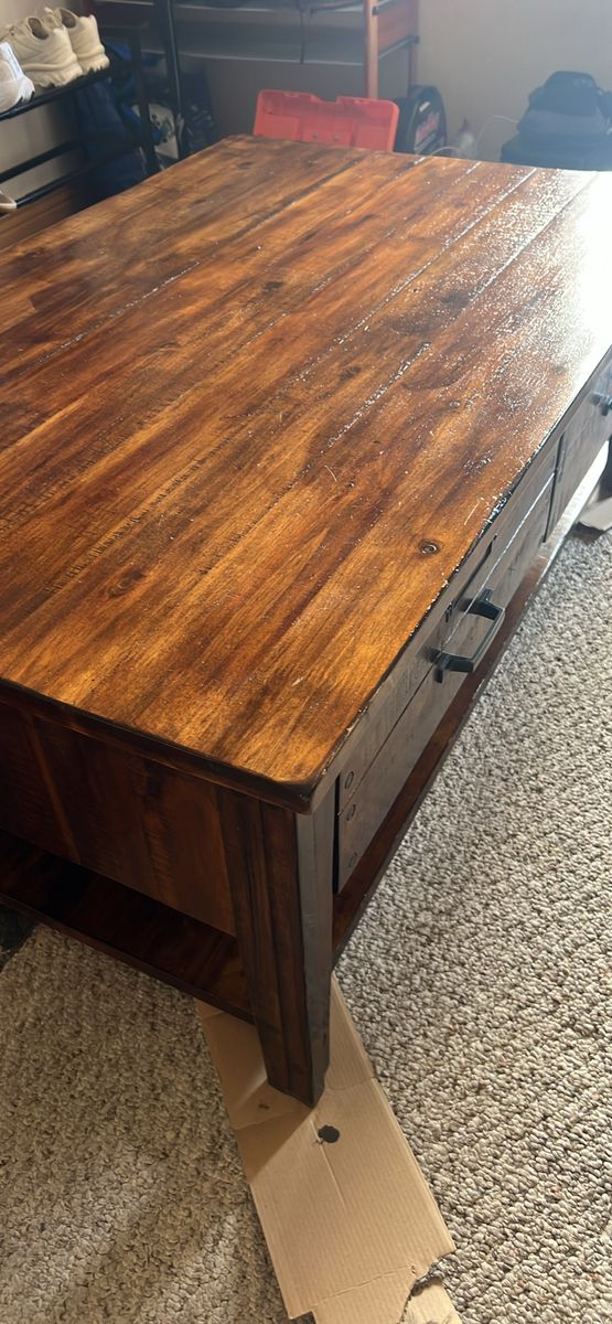 Rustic Wood Coffee Table with Storage Drawers and Lower Shelf