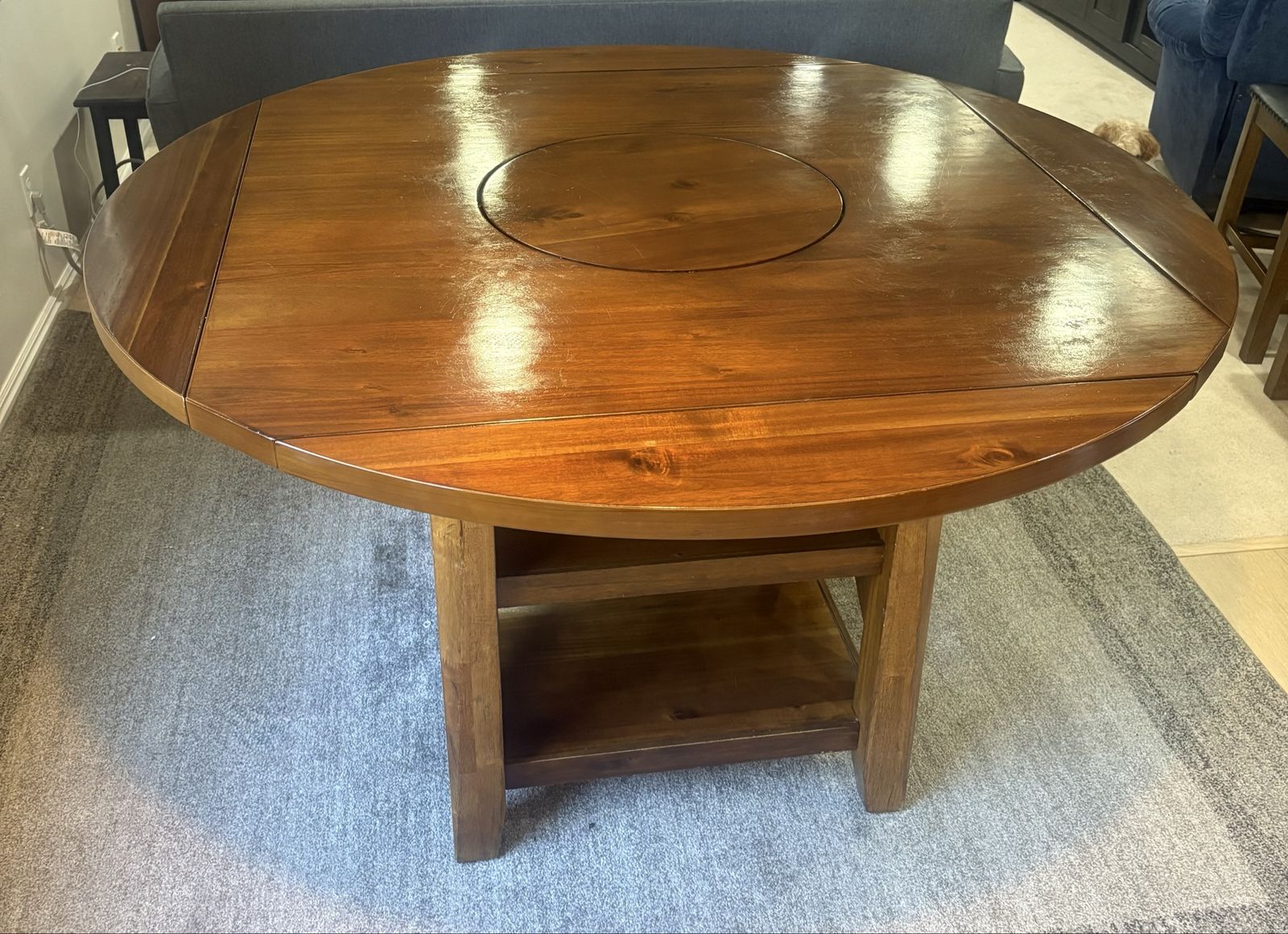 Expandable Round to Square Wood Dining Table with Built-in Lazy Susan and Storage Shelves