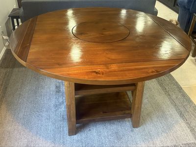 Expandable Round to Square Wood Dining Table with Built-in Lazy Susan and Storage Shelves