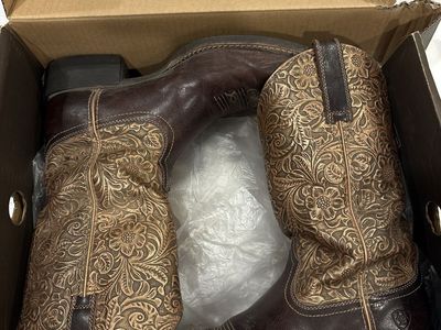 Ariat Women's Size 9.5 Brown Leather Floral Tooled Western Cowboy Boots with Box