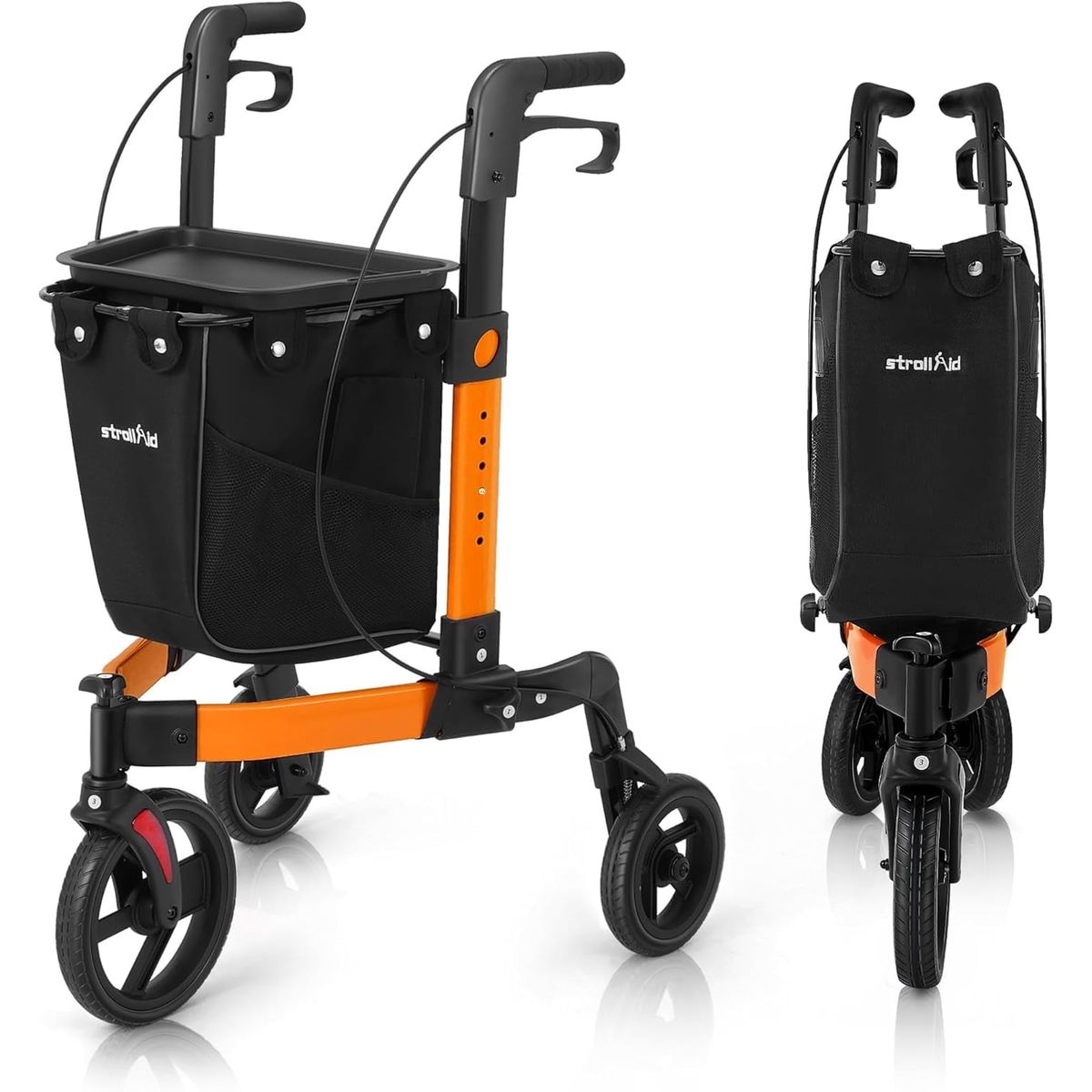 NEW StrollAid 3 Wheel Walkers for Seniors, Foldable Rollator Walker with Tray & Large Storage Bag
