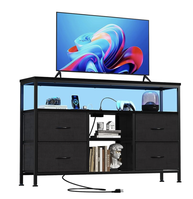 NEW TV Stand Dresser for Bedroom 4 Drawers Entertainment Center with LED Lights and Power Outlets Media Console