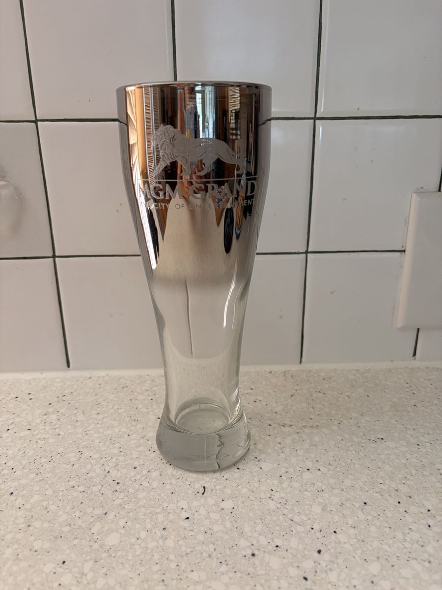 Vintage MGM Grand Las Vegas Metallic Silver Silvered Pilsner Beer Glass Souvenir G Rand Hurricane glass