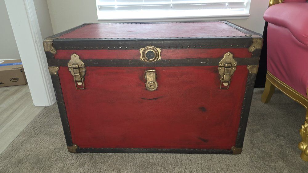 Vintage Red Wooden Storage Trunk Chest with Brass Hardware