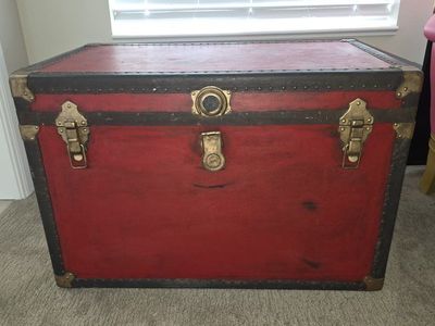 Vintage Red Wooden Storage Trunk Chest with Brass Hardware