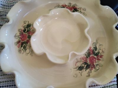 Hand-Painted Ceramic Chip & Dip Platter with Floral Design - Ruffled Edge Serving Dish