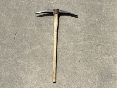 3’ tall antique pickaxe. Mining, railroad. 23.25”w vintage pioneer tools. Great Halloween decoration