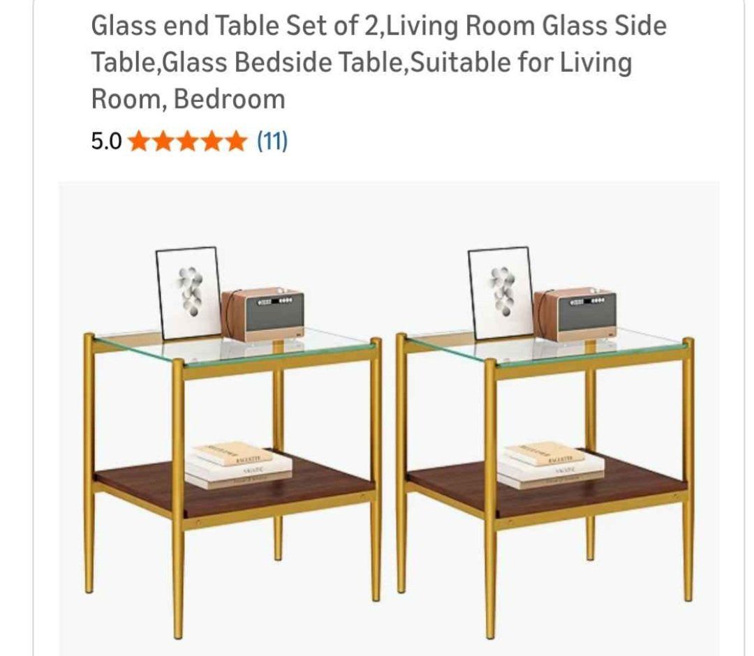 Modern Gold Metal & Glass Top End Tables Set of 2 with Wood Shelf Brand New 