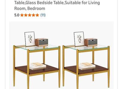 Modern Gold Metal & Glass Top End Tables Set of 2 with Wood Shelf Brand New